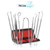Professional 9-piece stainless steel dental scaler and hygiene kit with dental mirror, explorer, tweezers, plaque remover, and carrying case manufactured by Pak Line Industries