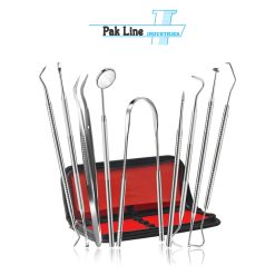Professional 9-piece stainless steel dental scaler and hygiene kit with dental mirror, explorer, tweezers, plaque remover, and carrying case manufactured by Pak Line Industries