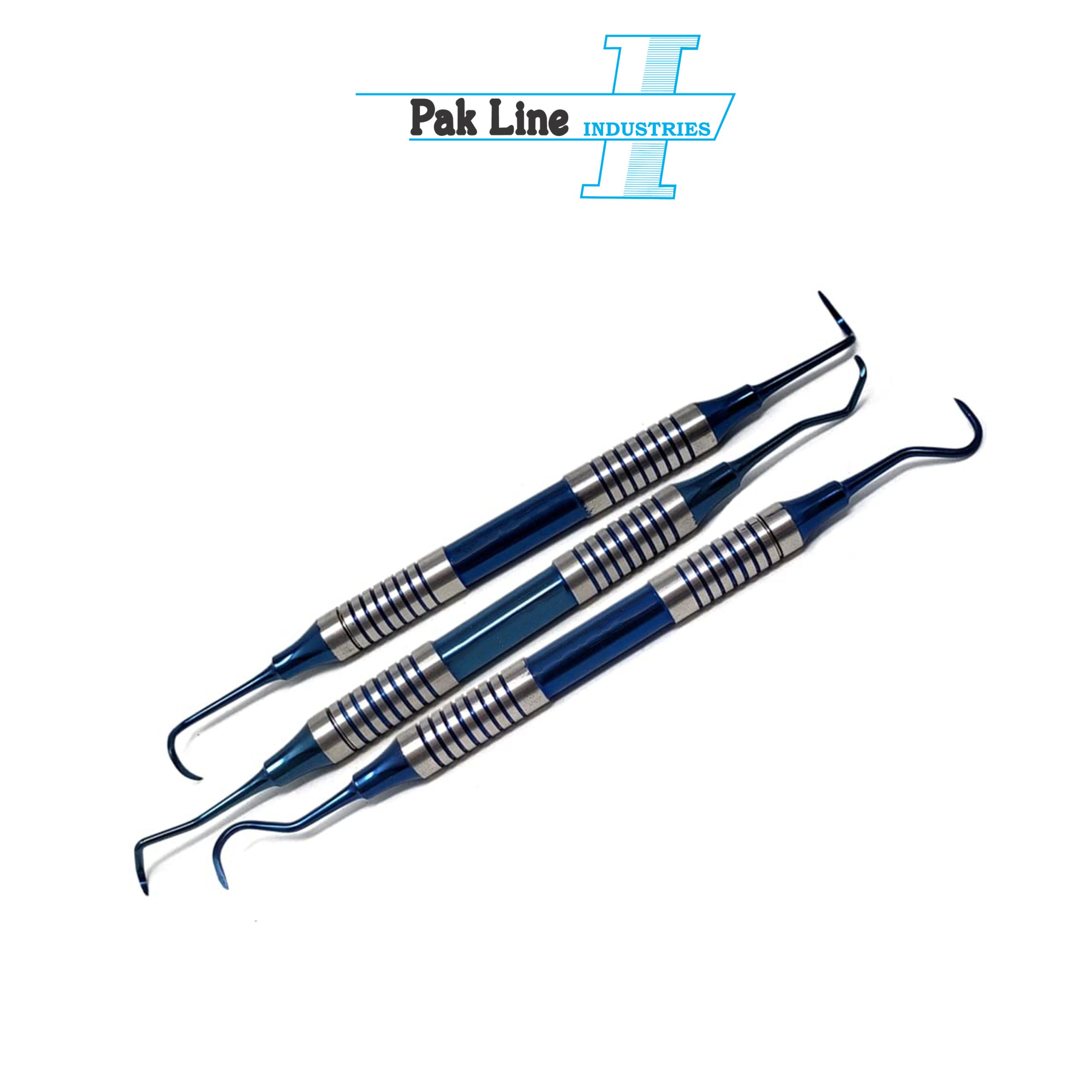 Professional 3 pcs dental scaler set with blue titanium coated stainless steel dental hygiene instruments manufactured by Pak Line Industries Pakistan