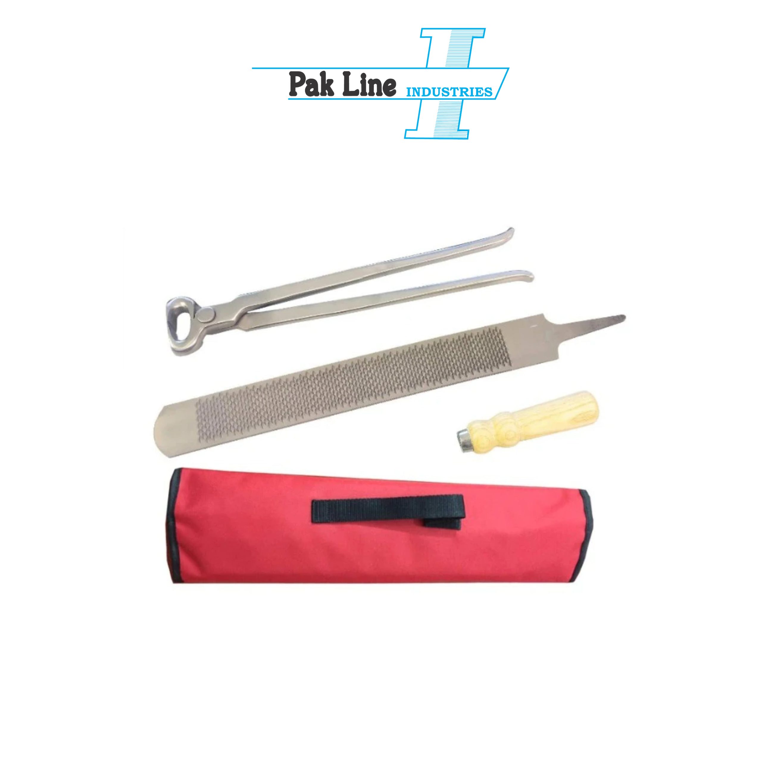 farrier kit 14 inch hoof nipper double sided rasp with wooden handle red storage pouch pak line industries