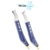 Hand-finished Farrier Hoof Knife Set with J2 stainless steel loop blades, blue wooden handles and brass ends manufactured by Pak Line Industries Pakistan