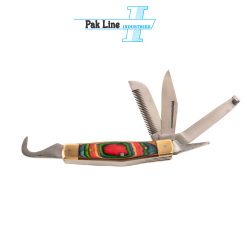 horseman folding pocket knife multi tool stainless steel brass laminate wood handle equestrian farrier instrument pak line industries