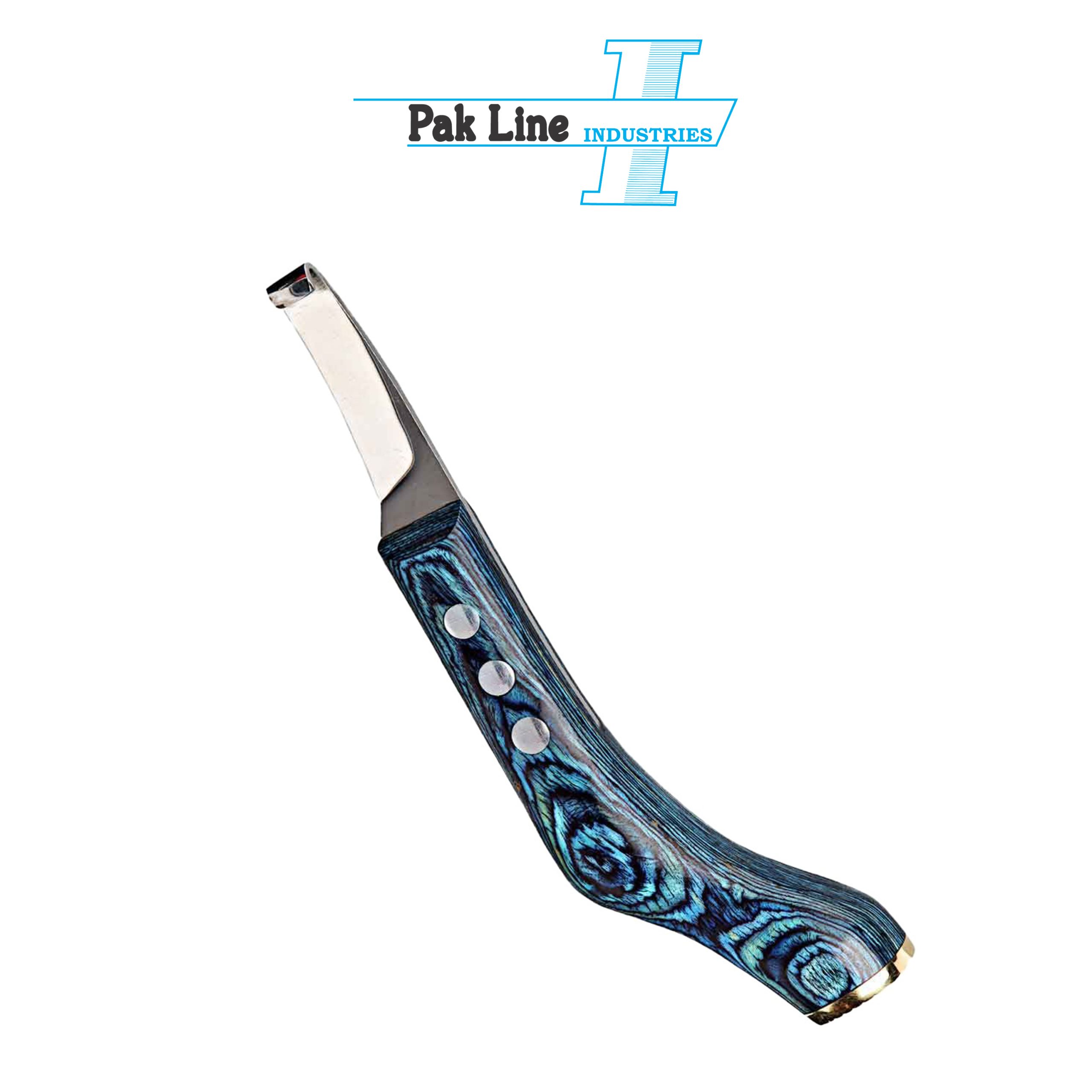 Jon Nunn straight blade left and right hand hoof knife with blue layered wooden handle made from surgical stainless steel by Pak Line Industries Pakistan