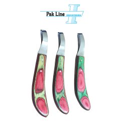 Hoof Loop Knife rainbow layered smooth wooden handle surgical stainless steel farrier hoof trimming knife manufactured by Pak Line Industries Pakistan