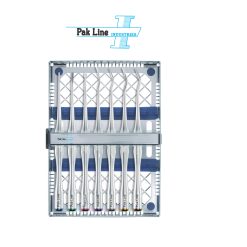 Pak-Line® Luxating Elevator Set of 7 with stainless steel sterilization cassette for atraumatic tooth extraction manufactured by Pak Line Industries.