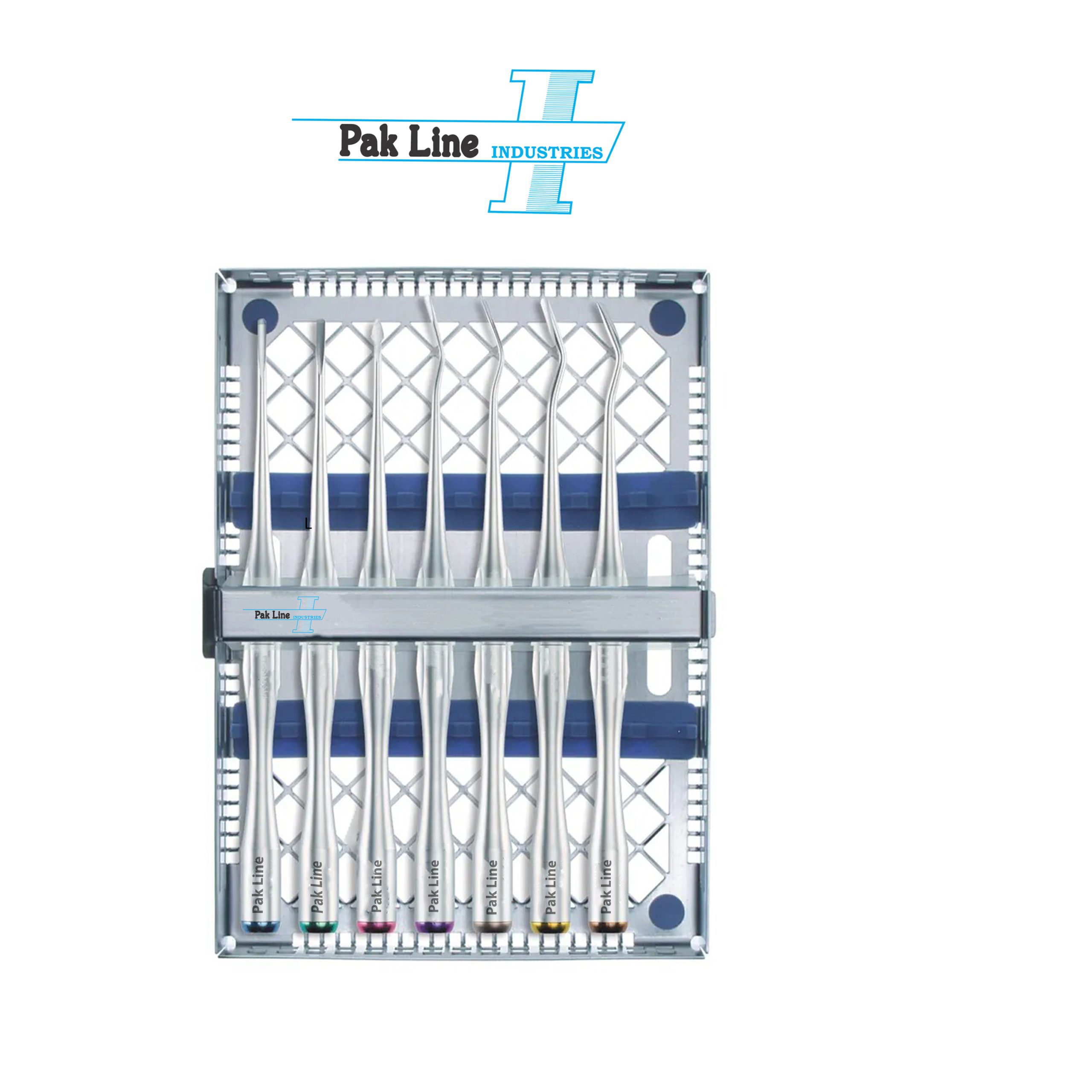 Pak-Line® Luxating Elevator Set of 7 with stainless steel sterilization cassette for atraumatic tooth extraction manufactured by Pak Line Industries.